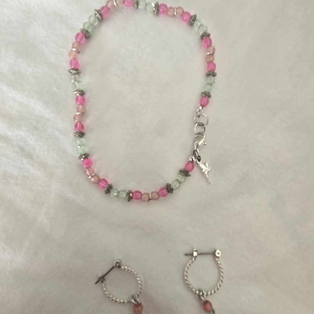 Silver With Pink and Green Beads Tinkerbell Anklet and Earrings Set